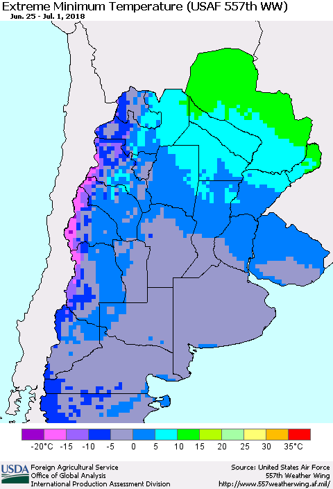 Southern South America Minimum Daily Temperature (USAF 557th WW) Thematic Map For 6/25/2018 - 7/1/2018