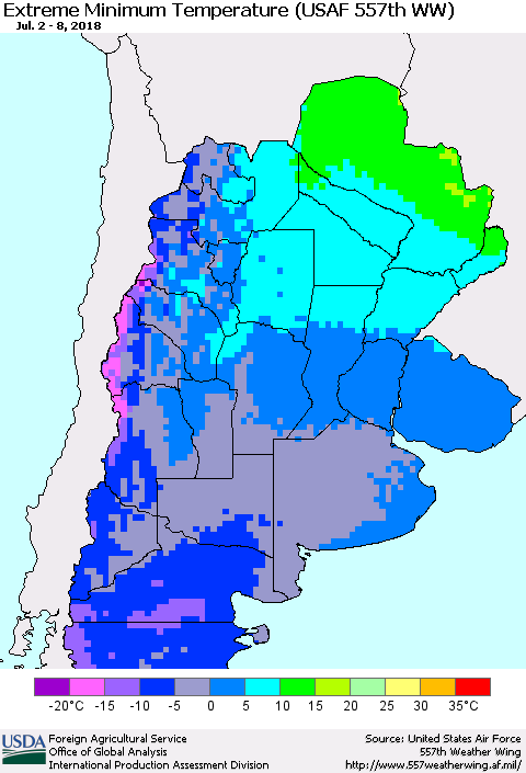 Southern South America Minimum Daily Temperature (USAF 557th WW) Thematic Map For 7/2/2018 - 7/8/2018