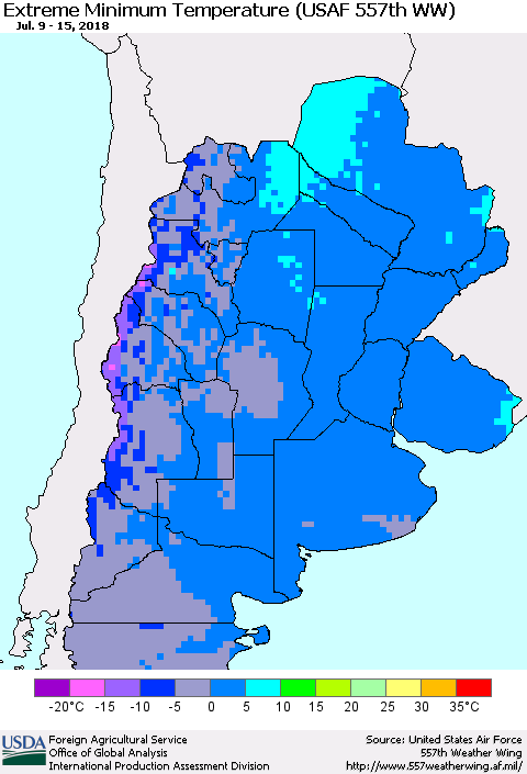 Southern South America Minimum Daily Temperature (USAF 557th WW) Thematic Map For 7/9/2018 - 7/15/2018