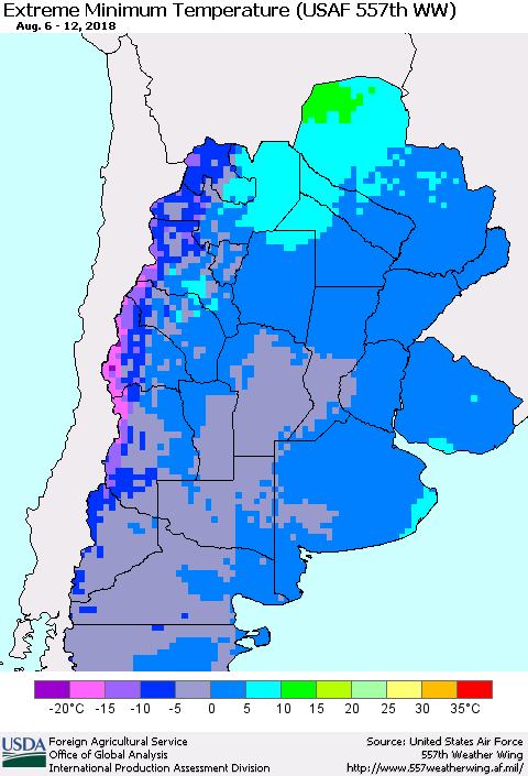 Southern South America Minimum Daily Temperature (USAF 557th WW) Thematic Map For 8/6/2018 - 8/12/2018