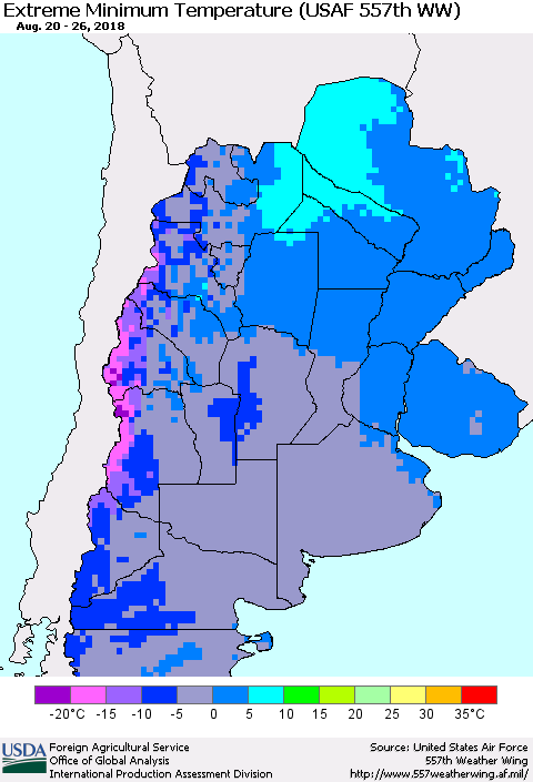 Southern South America Minimum Daily Temperature (USAF 557th WW) Thematic Map For 8/20/2018 - 8/26/2018