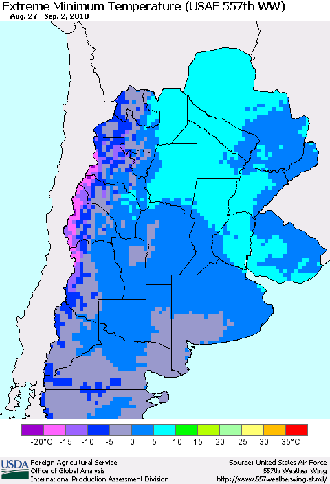 Southern South America Minimum Daily Temperature (USAF 557th WW) Thematic Map For 8/27/2018 - 9/2/2018