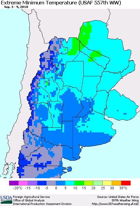 Southern South America Minimum Daily Temperature (USAF 557th WW) Thematic Map For 9/3/2018 - 9/9/2018