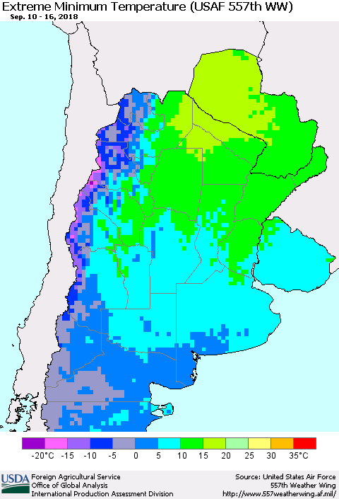 Southern South America Minimum Daily Temperature (USAF 557th WW) Thematic Map For 9/10/2018 - 9/16/2018