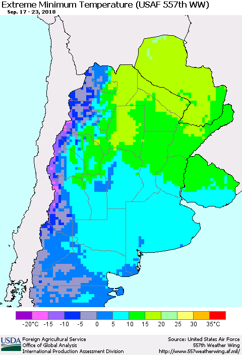 Southern South America Minimum Daily Temperature (USAF 557th WW) Thematic Map For 9/17/2018 - 9/23/2018