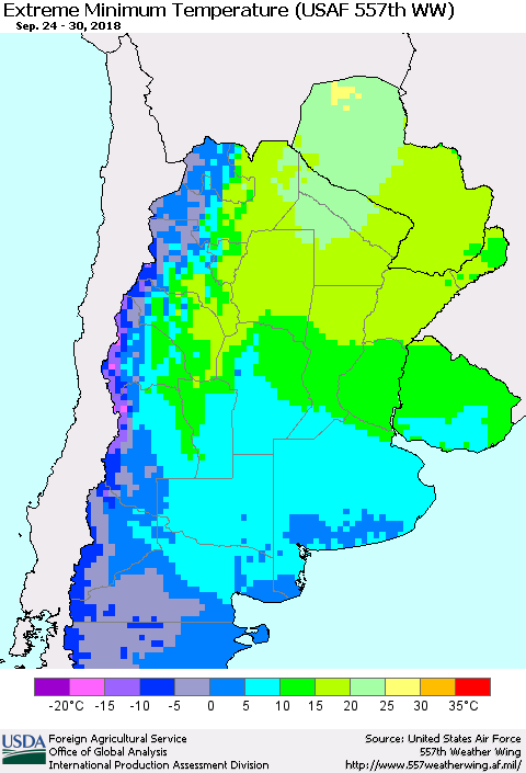 Southern South America Minimum Daily Temperature (USAF 557th WW) Thematic Map For 9/24/2018 - 9/30/2018