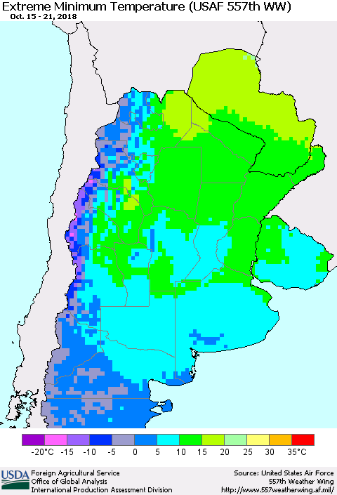 Southern South America Minimum Daily Temperature (USAF 557th WW) Thematic Map For 10/15/2018 - 10/21/2018