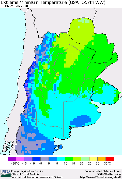 Southern South America Minimum Daily Temperature (USAF 557th WW) Thematic Map For 10/22/2018 - 10/28/2018