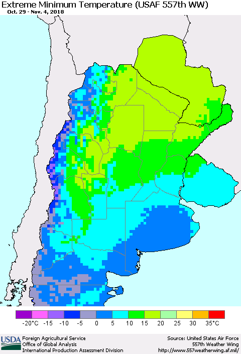 Southern South America Minimum Daily Temperature (USAF 557th WW) Thematic Map For 10/29/2018 - 11/4/2018