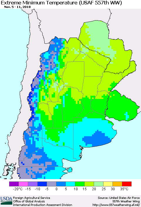 Southern South America Minimum Daily Temperature (USAF 557th WW) Thematic Map For 11/5/2018 - 11/11/2018