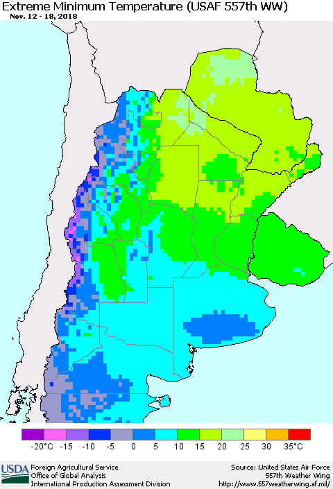 Southern South America Minimum Daily Temperature (USAF 557th WW) Thematic Map For 11/12/2018 - 11/18/2018