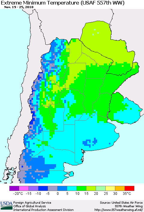 Southern South America Minimum Daily Temperature (USAF 557th WW) Thematic Map For 11/19/2018 - 11/25/2018