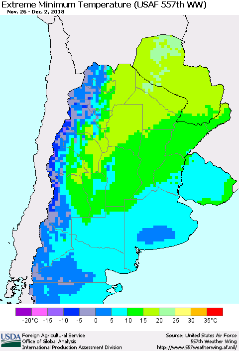 Southern South America Minimum Daily Temperature (USAF 557th WW) Thematic Map For 11/26/2018 - 12/2/2018