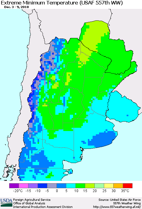 Southern South America Minimum Daily Temperature (USAF 557th WW) Thematic Map For 12/3/2018 - 12/9/2018