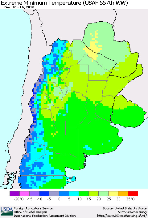 Southern South America Minimum Daily Temperature (USAF 557th WW) Thematic Map For 12/10/2018 - 12/16/2018
