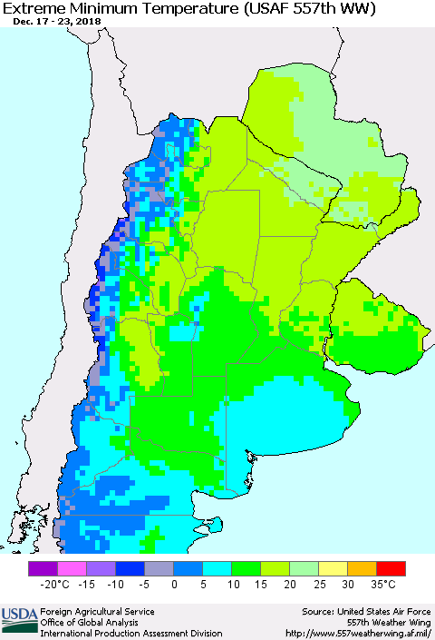 Southern South America Minimum Daily Temperature (USAF 557th WW) Thematic Map For 12/17/2018 - 12/23/2018