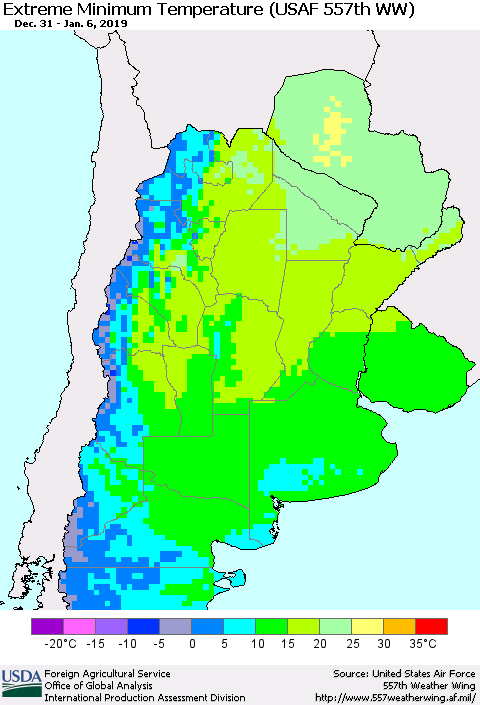 Southern South America Minimum Daily Temperature (USAF 557th WW) Thematic Map For 12/31/2018 - 1/6/2019