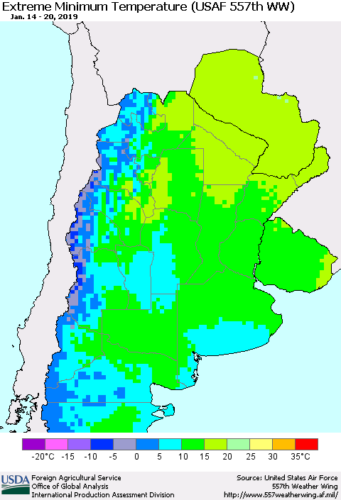Southern South America Minimum Daily Temperature (USAF 557th WW) Thematic Map For 1/14/2019 - 1/20/2019