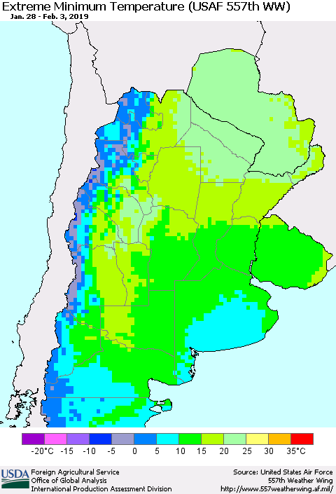 Southern South America Minimum Daily Temperature (USAF 557th WW) Thematic Map For 1/28/2019 - 2/3/2019