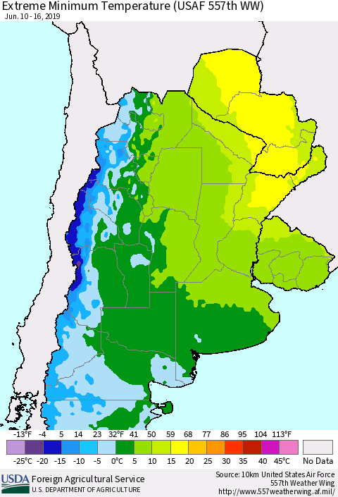 Southern South America Minimum Daily Temperature (USAF 557th WW) Thematic Map For 6/10/2019 - 6/16/2019
