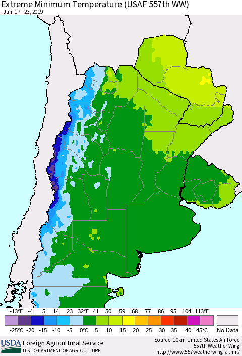 Southern South America Minimum Daily Temperature (USAF 557th WW) Thematic Map For 6/17/2019 - 6/23/2019