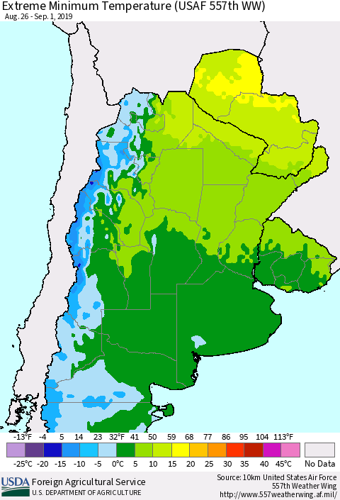 Southern South America Minimum Daily Temperature (USAF 557th WW) Thematic Map For 8/26/2019 - 9/1/2019
