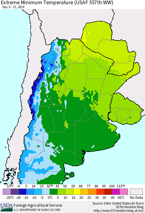 Southern South America Minimum Daily Temperature (USAF 557th WW) Thematic Map For 9/9/2019 - 9/15/2019