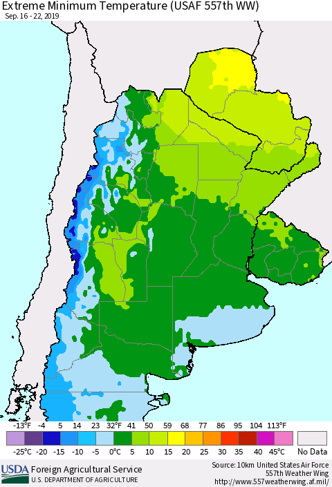 Southern South America Minimum Daily Temperature (USAF 557th WW) Thematic Map For 9/16/2019 - 9/22/2019
