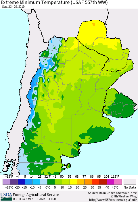 Southern South America Minimum Daily Temperature (USAF 557th WW) Thematic Map For 9/23/2019 - 9/29/2019