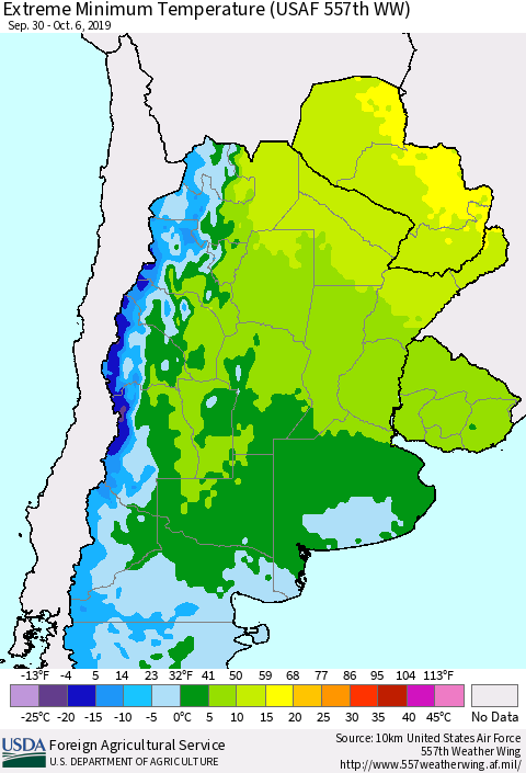 Southern South America Minimum Daily Temperature (USAF 557th WW) Thematic Map For 9/30/2019 - 10/6/2019