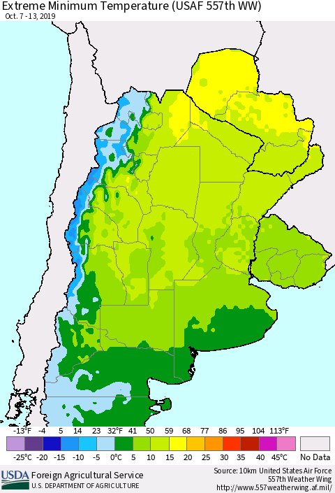 Southern South America Minimum Daily Temperature (USAF 557th WW) Thematic Map For 10/7/2019 - 10/13/2019