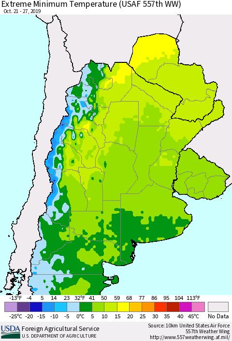 Southern South America Minimum Daily Temperature (USAF 557th WW) Thematic Map For 10/21/2019 - 10/27/2019