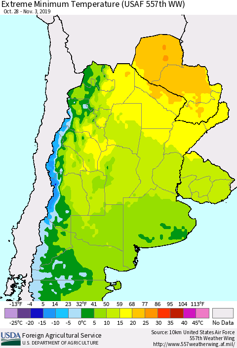 Southern South America Minimum Daily Temperature (USAF 557th WW) Thematic Map For 10/28/2019 - 11/3/2019
