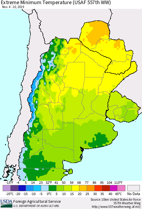 Southern South America Minimum Daily Temperature (USAF 557th WW) Thematic Map For 11/4/2019 - 11/10/2019