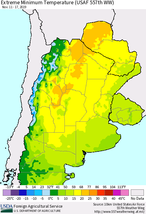 Southern South America Minimum Daily Temperature (USAF 557th WW) Thematic Map For 11/11/2019 - 11/17/2019