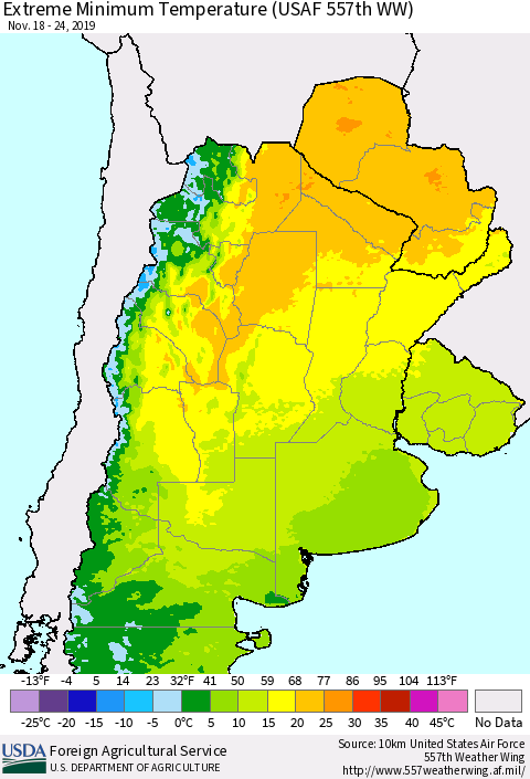 Southern South America Minimum Daily Temperature (USAF 557th WW) Thematic Map For 11/18/2019 - 11/24/2019