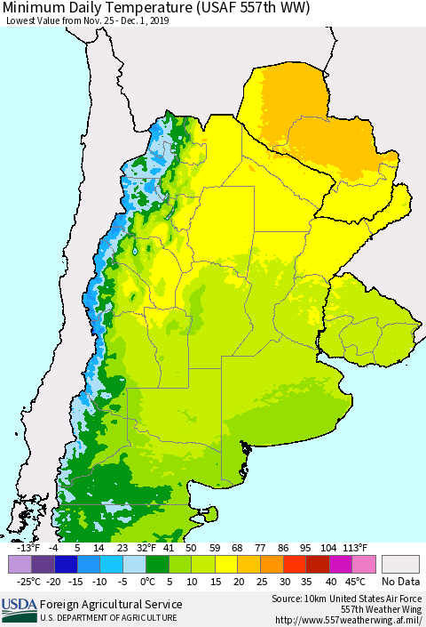 Southern South America Minimum Daily Temperature (USAF 557th WW) Thematic Map For 11/25/2019 - 12/1/2019