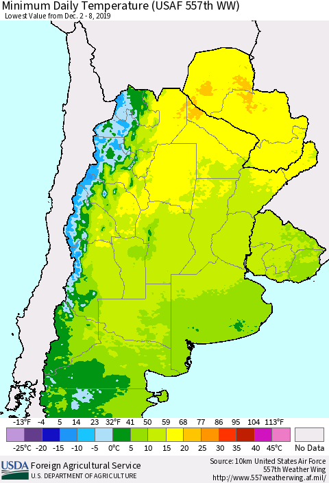 Southern South America Minimum Daily Temperature (USAF 557th WW) Thematic Map For 12/2/2019 - 12/8/2019