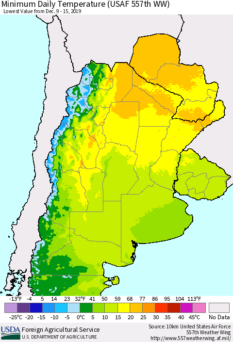 Southern South America Minimum Daily Temperature (USAF 557th WW) Thematic Map For 12/9/2019 - 12/15/2019