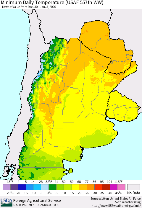 Southern South America Minimum Daily Temperature (USAF 557th WW) Thematic Map For 12/30/2019 - 1/5/2020