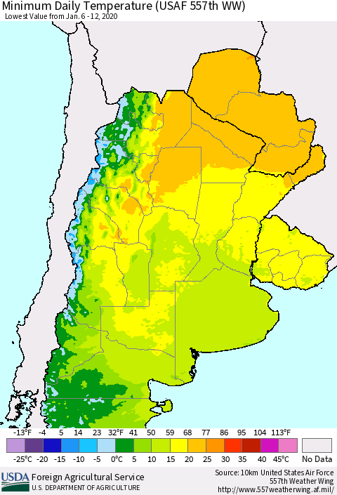 Southern South America Minimum Daily Temperature (USAF 557th WW) Thematic Map For 1/6/2020 - 1/12/2020