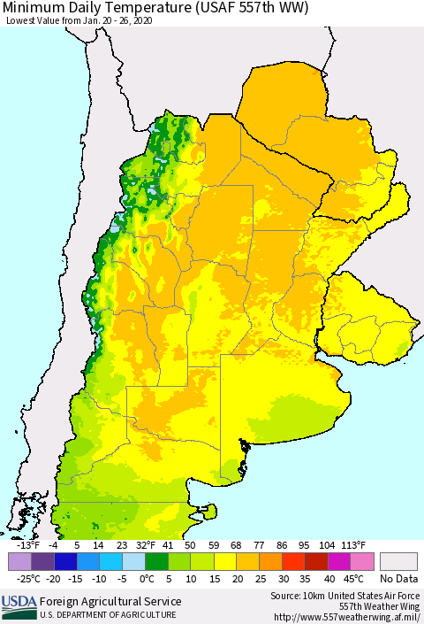 Southern South America Minimum Daily Temperature (USAF 557th WW) Thematic Map For 1/20/2020 - 1/26/2020