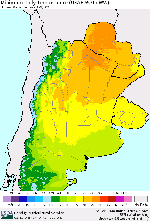 Southern South America Minimum Daily Temperature (USAF 557th WW) Thematic Map For 2/3/2020 - 2/9/2020