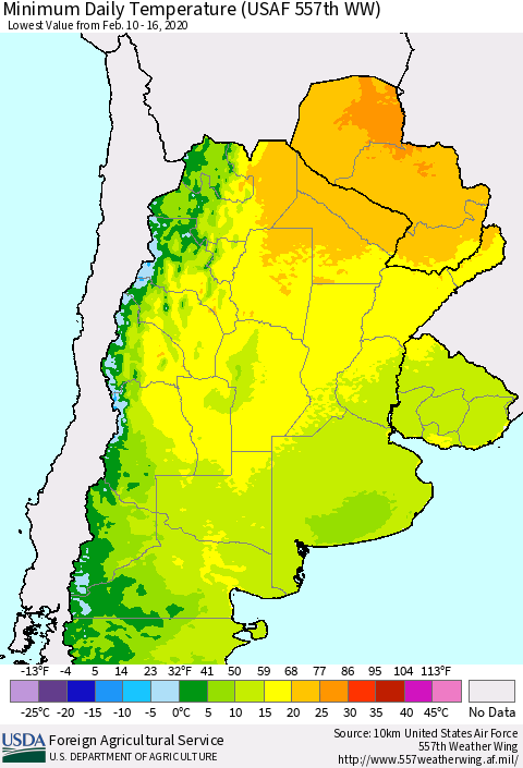 Southern South America Minimum Daily Temperature (USAF 557th WW) Thematic Map For 2/10/2020 - 2/16/2020