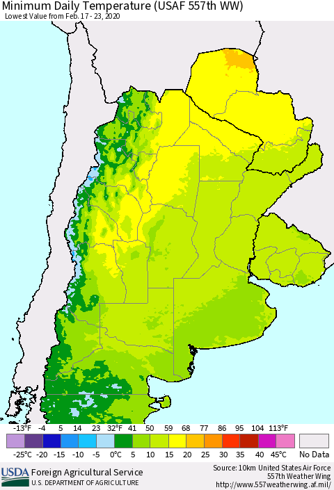 Southern South America Minimum Daily Temperature (USAF 557th WW) Thematic Map For 2/17/2020 - 2/23/2020