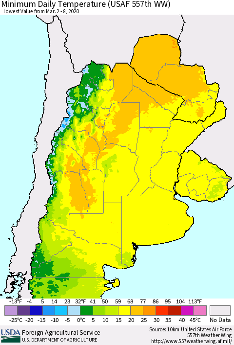 Southern South America Minimum Daily Temperature (USAF 557th WW) Thematic Map For 3/2/2020 - 3/8/2020