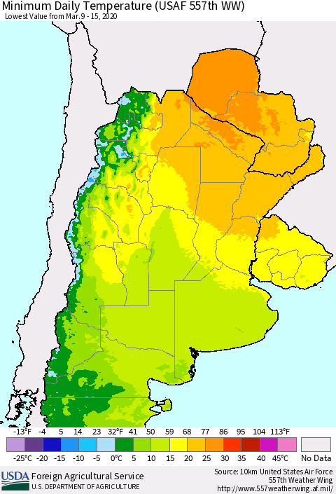 Southern South America Minimum Daily Temperature (USAF 557th WW) Thematic Map For 3/9/2020 - 3/15/2020