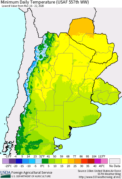 Southern South America Minimum Daily Temperature (USAF 557th WW) Thematic Map For 3/16/2020 - 3/22/2020