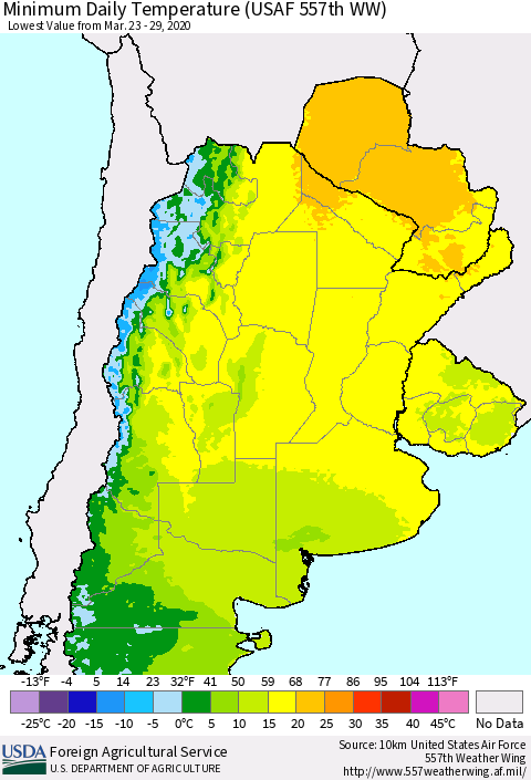 Southern South America Minimum Daily Temperature (USAF 557th WW) Thematic Map For 3/23/2020 - 3/29/2020