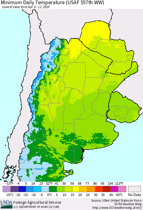 Southern South America Minimum Daily Temperature (USAF 557th WW) Thematic Map For 4/6/2020 - 4/12/2020